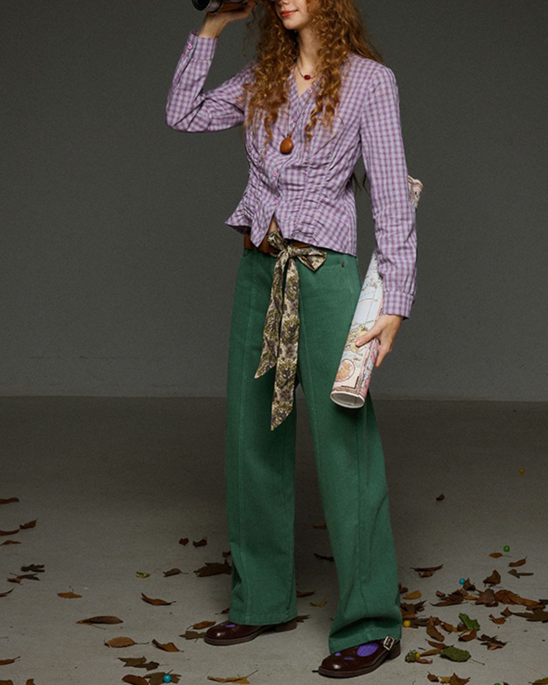 Check V-neck Shirred Shirt　LS028