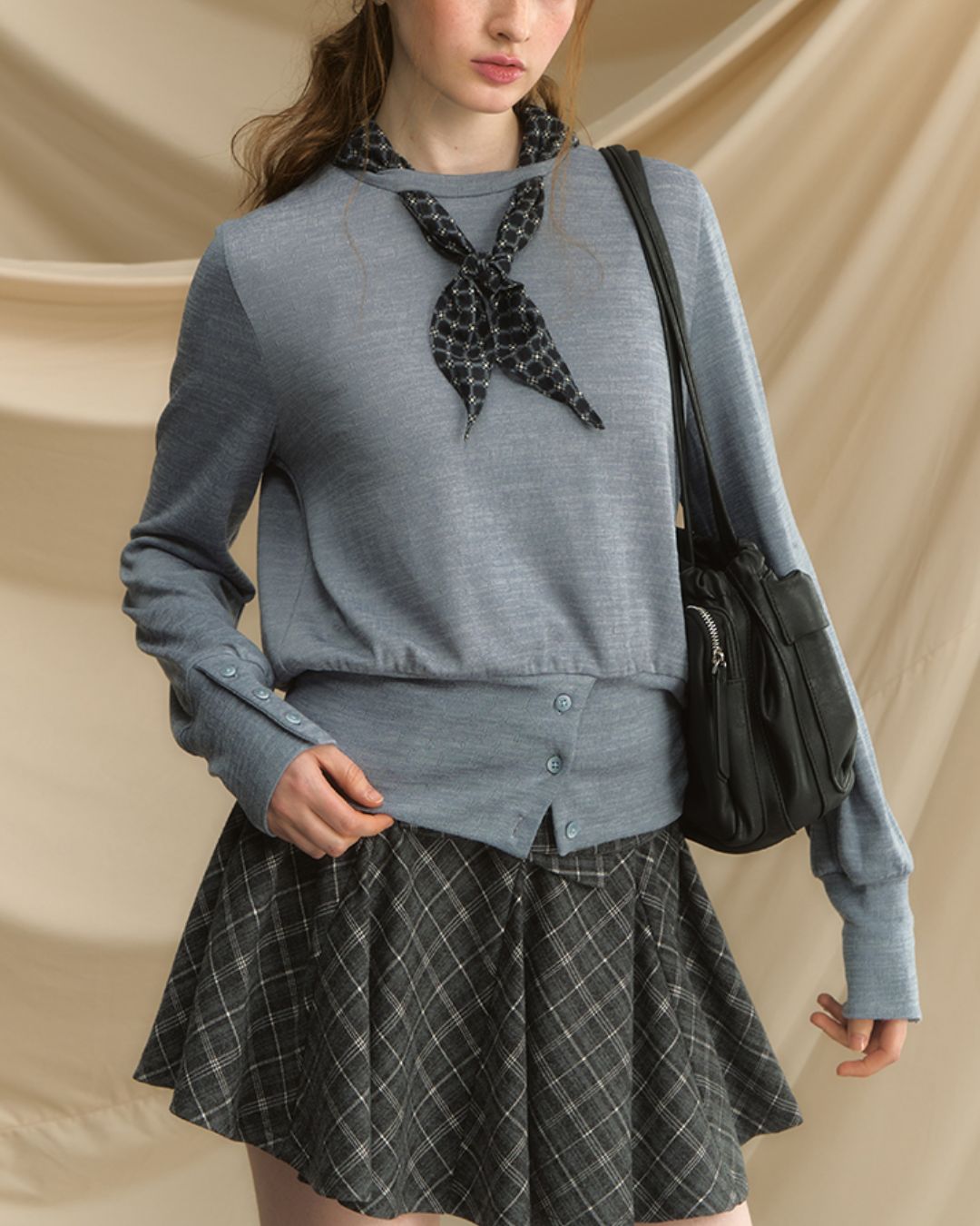 Checkered Scarf Buttoned Top　LT005