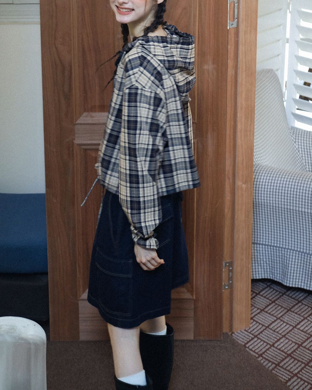 Hooded Drawstring Checked Shirt　LS018