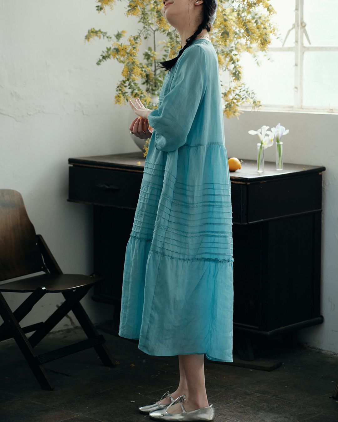 Round Neck 3/4 Sleeve Ramie Dress　OP004