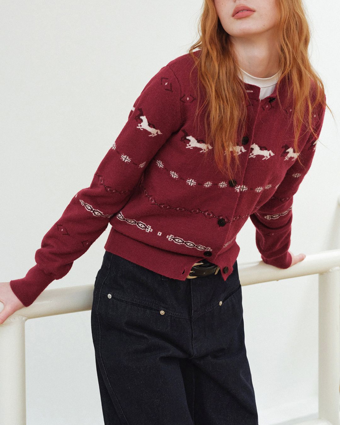 Pony Jacquard Crew Neck Knit Cardigan　KN097