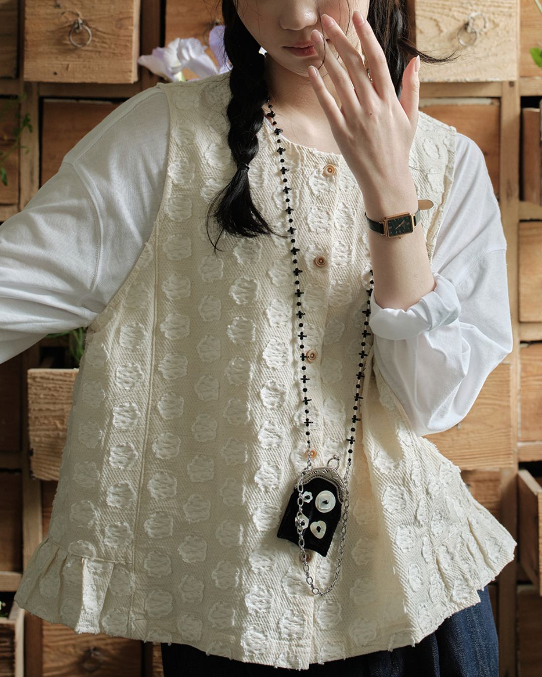 Cotton Linen Jacquard Peplum Vest　VT017