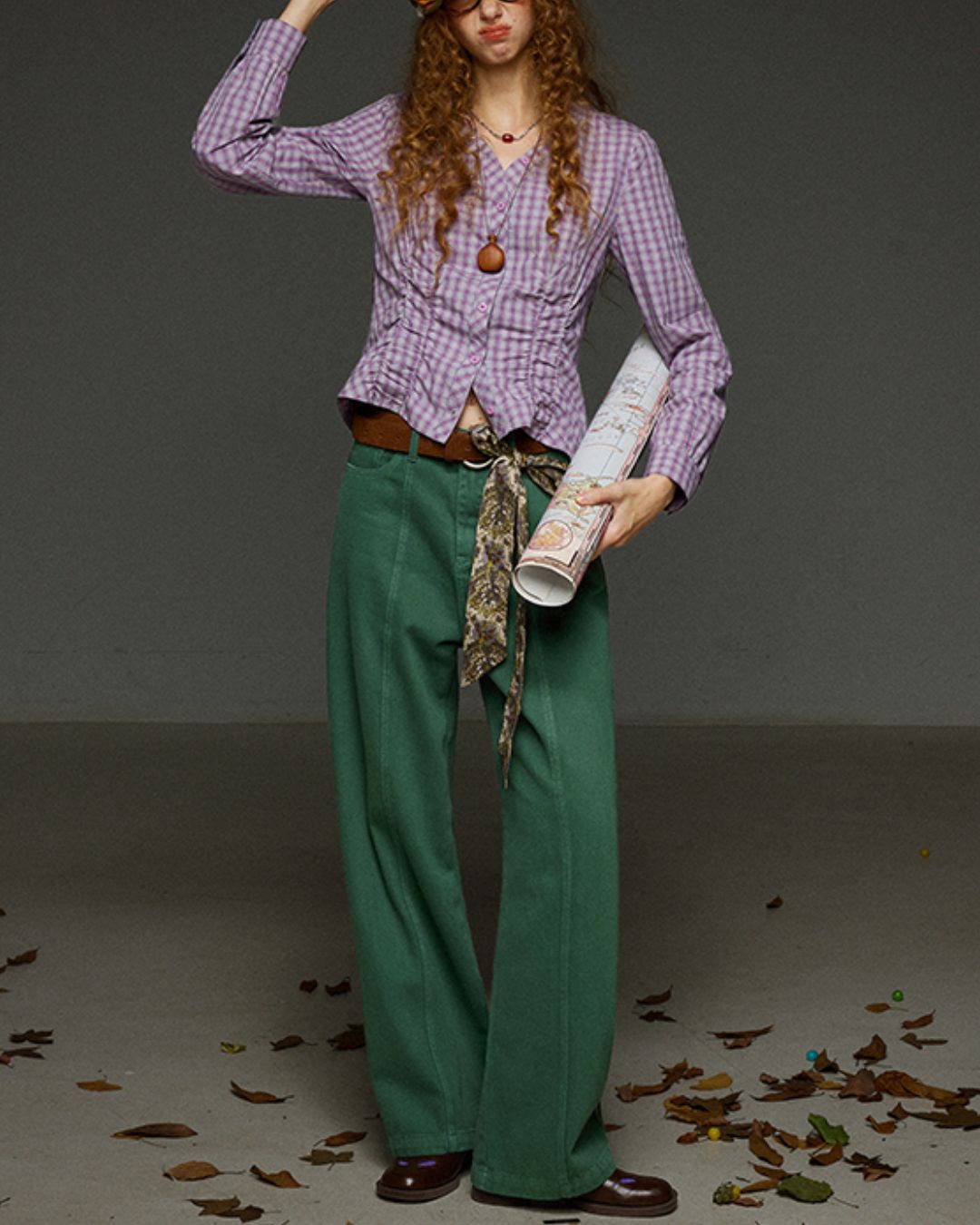 Check V-neck Shirred Shirt　LS028