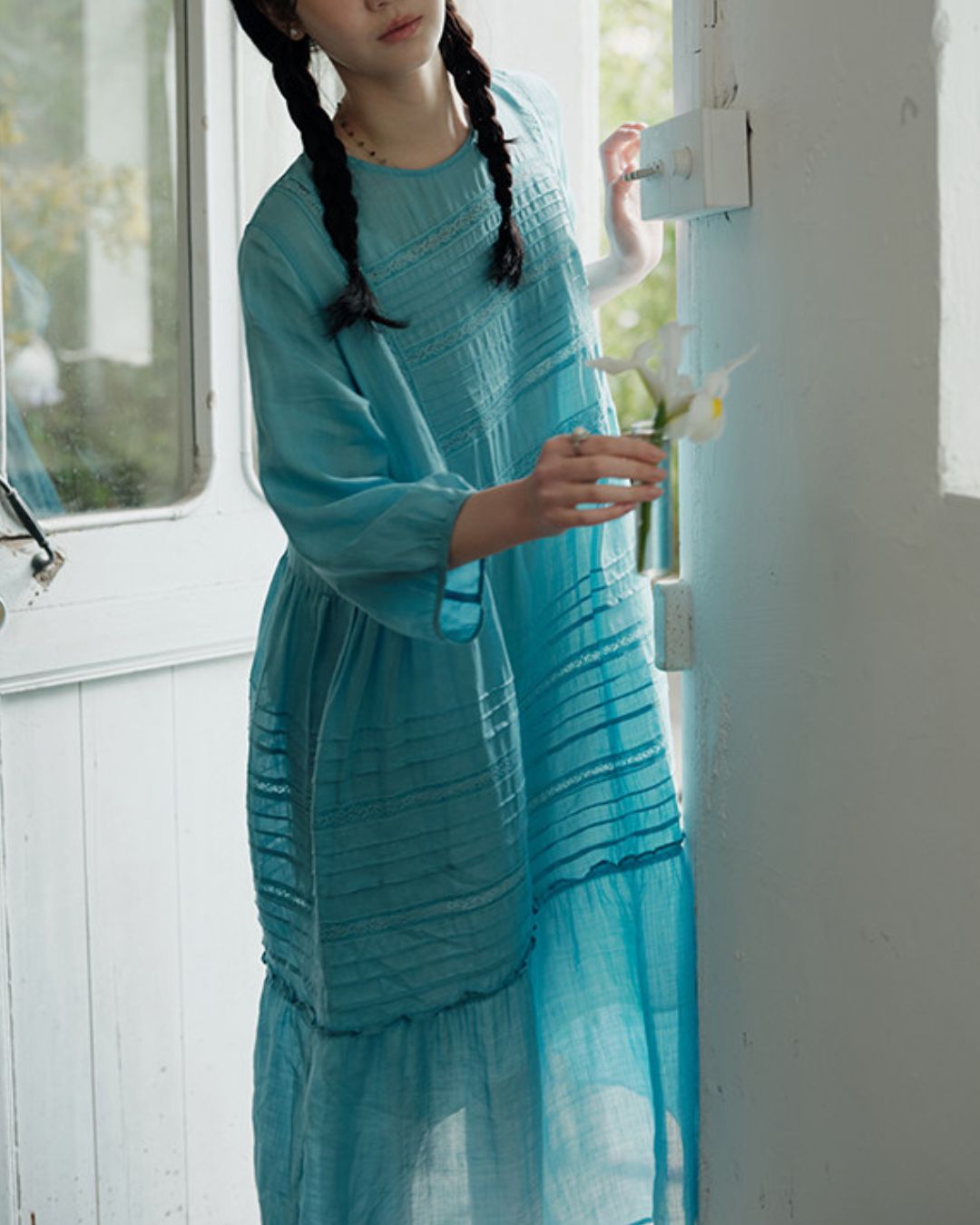 Round Neck 3/4 Sleeve Ramie Dress　OP004