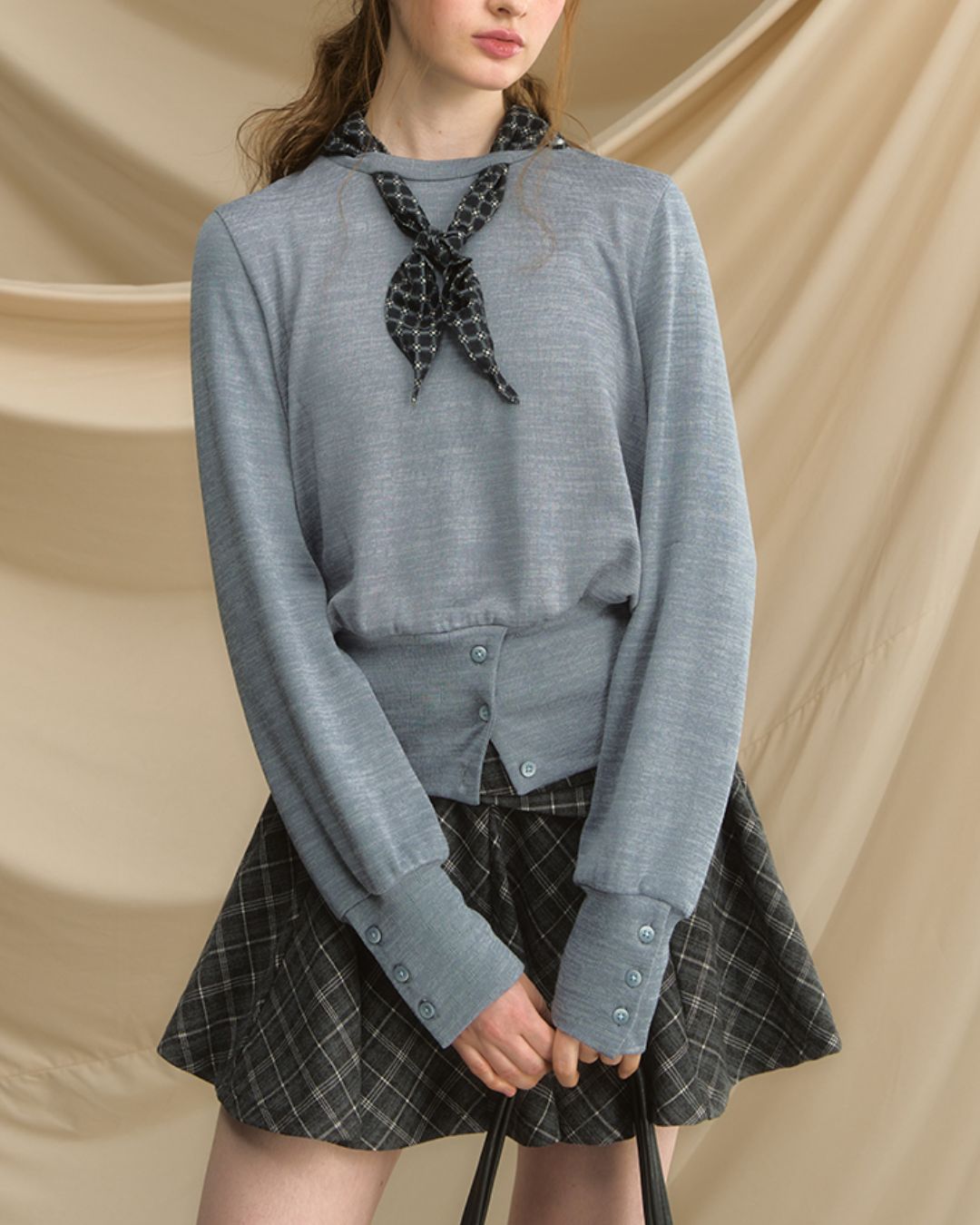 Checkered Scarf Buttoned Top　LT005