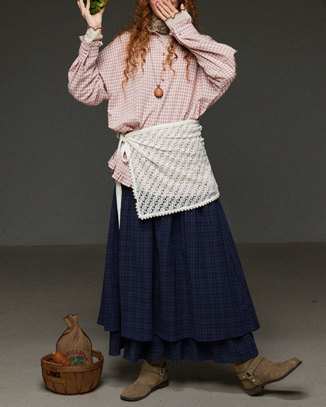 Pink Checked Ruffle Shirt　LS027