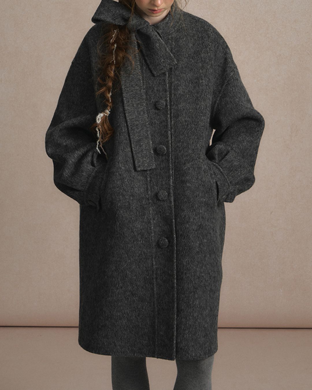 Bow-tied Pleated Cuff Wool Coat　CT026