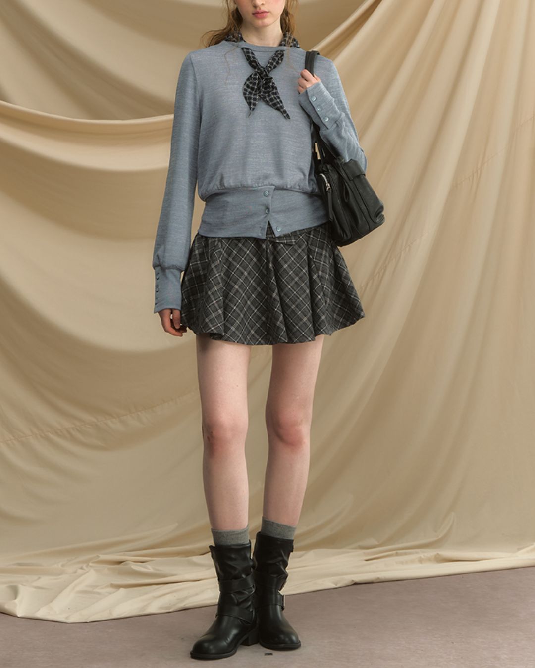 Checkered Scarf Buttoned Top　LT005