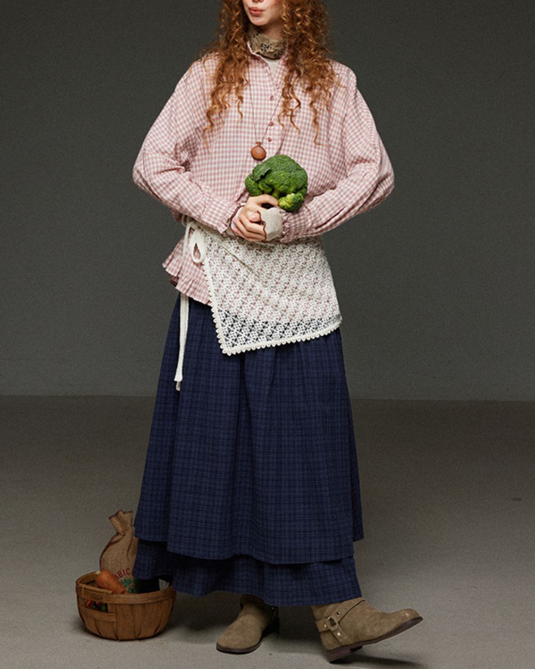 Pink Checked Ruffle Shirt　LS027