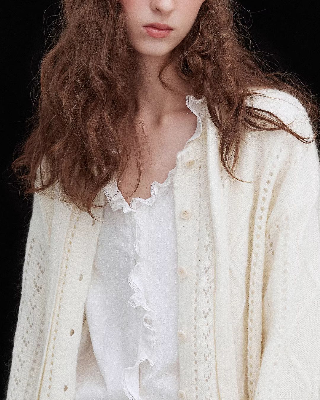 Frilled V-neck Lace Embroidered Shirt　LS067