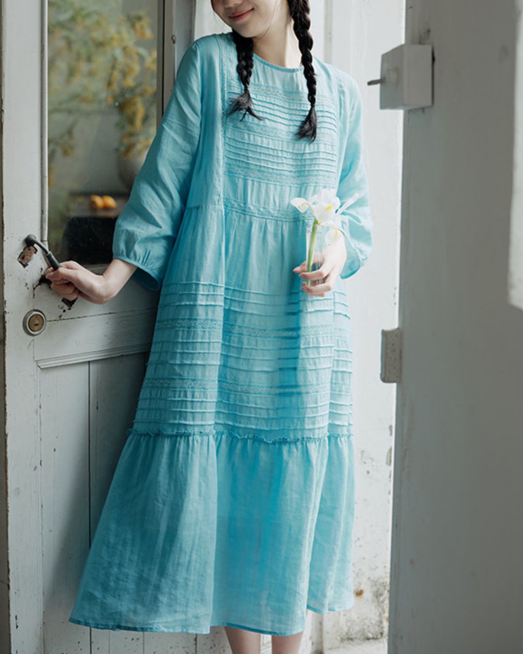 Round Neck 3/4 Sleeve Ramie Dress　OP004