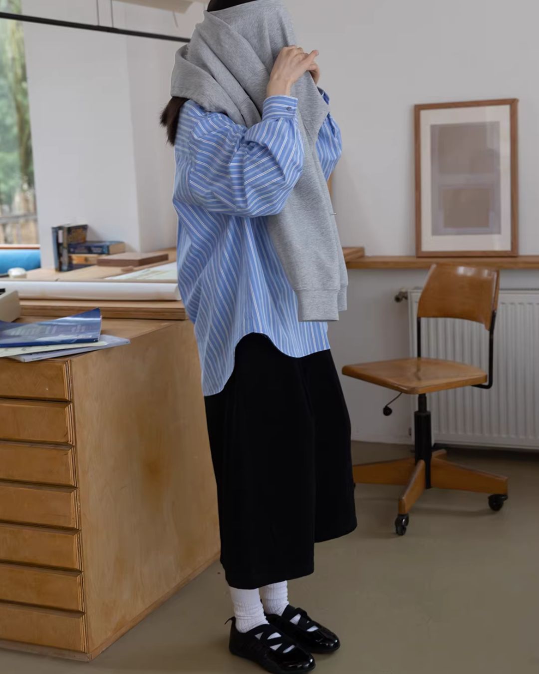 Round-collar Loose Striped Shirt　LS063