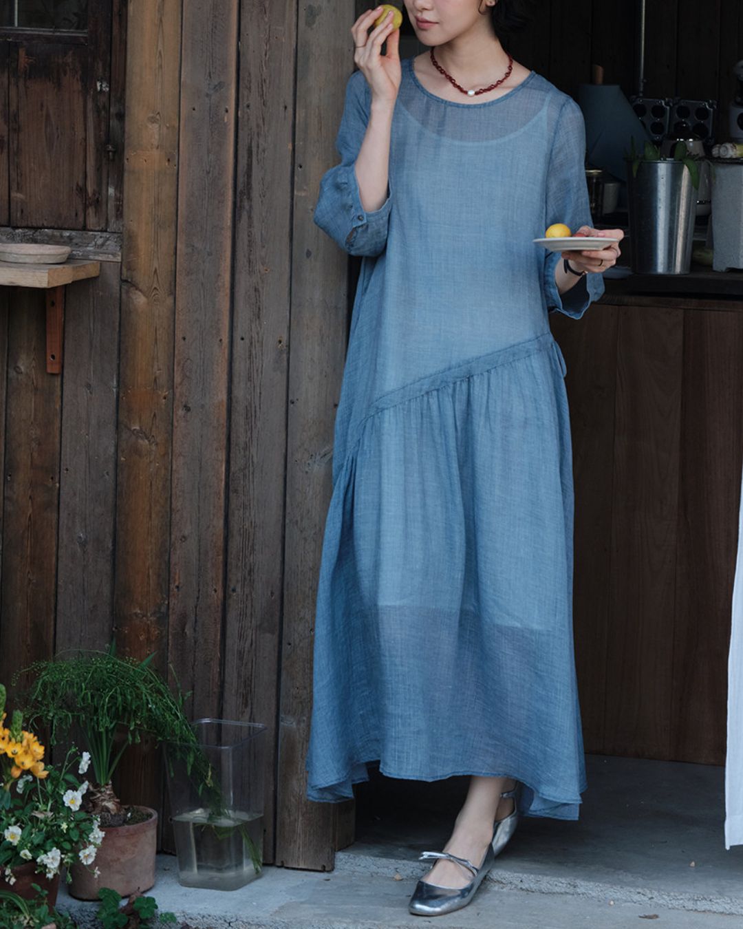 Ramie Drawstring A-Line Dress　OP005