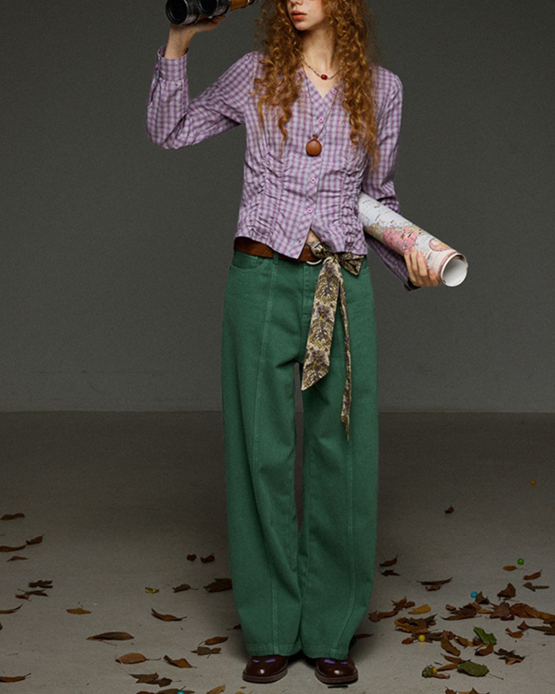 Check V-neck Shirred Shirt　LS028