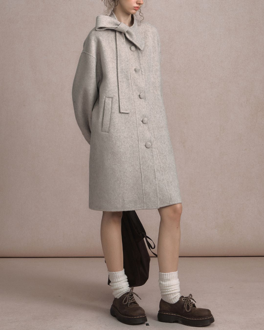 Bow-tied Pleated Cuff Wool Coat　CT026
