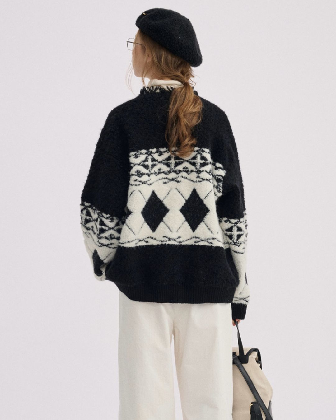 V-neck Geometric Raw Edge Knit Cardigan　KN076