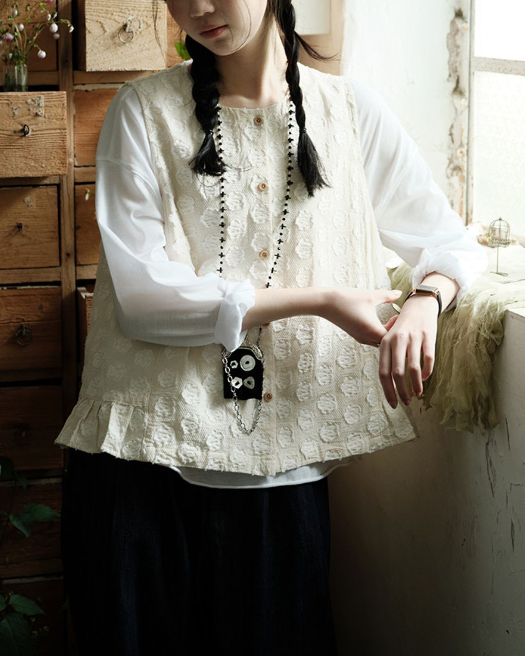 Cotton Linen Jacquard Peplum Vest　VT017