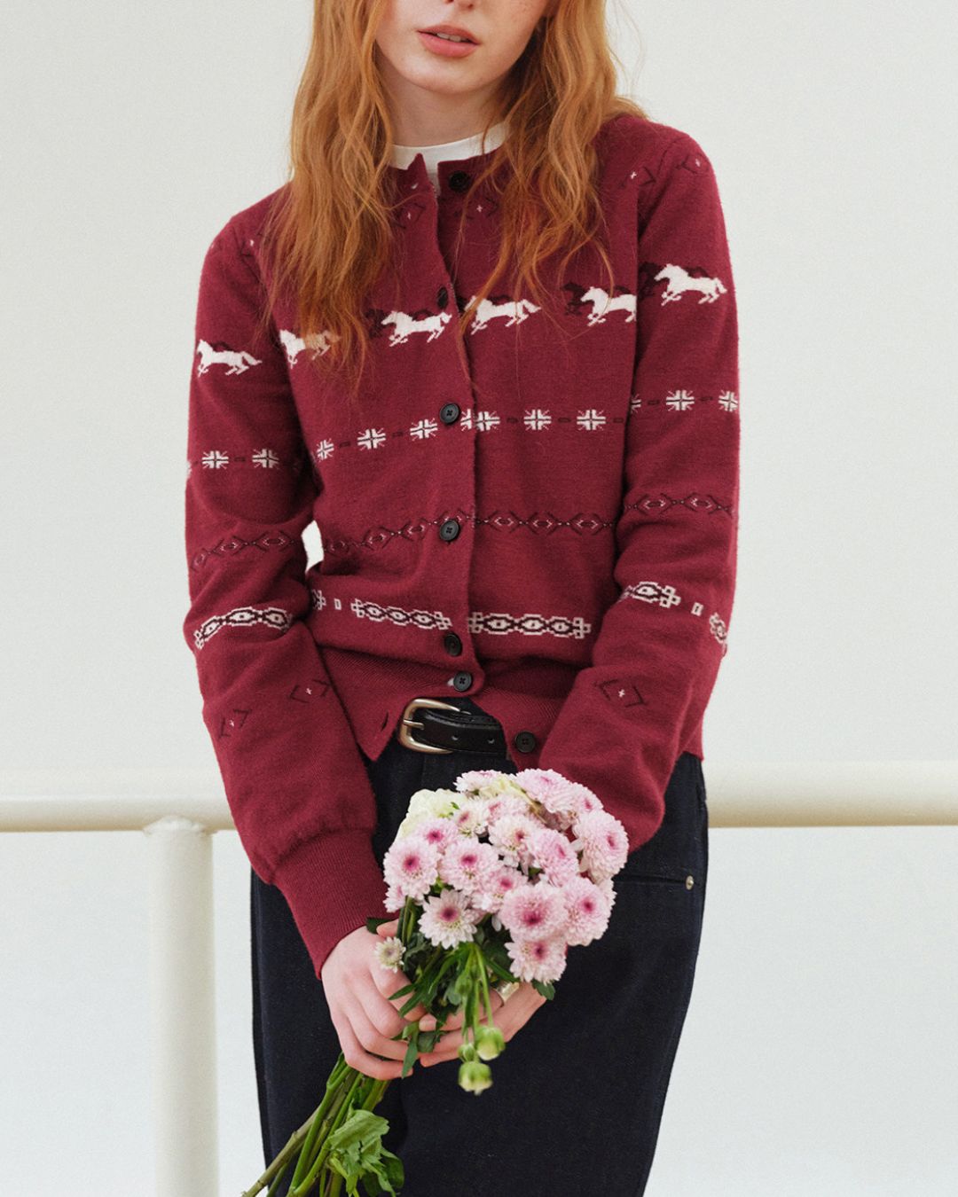 Pony Jacquard Crew Neck Knit Cardigan　KN097