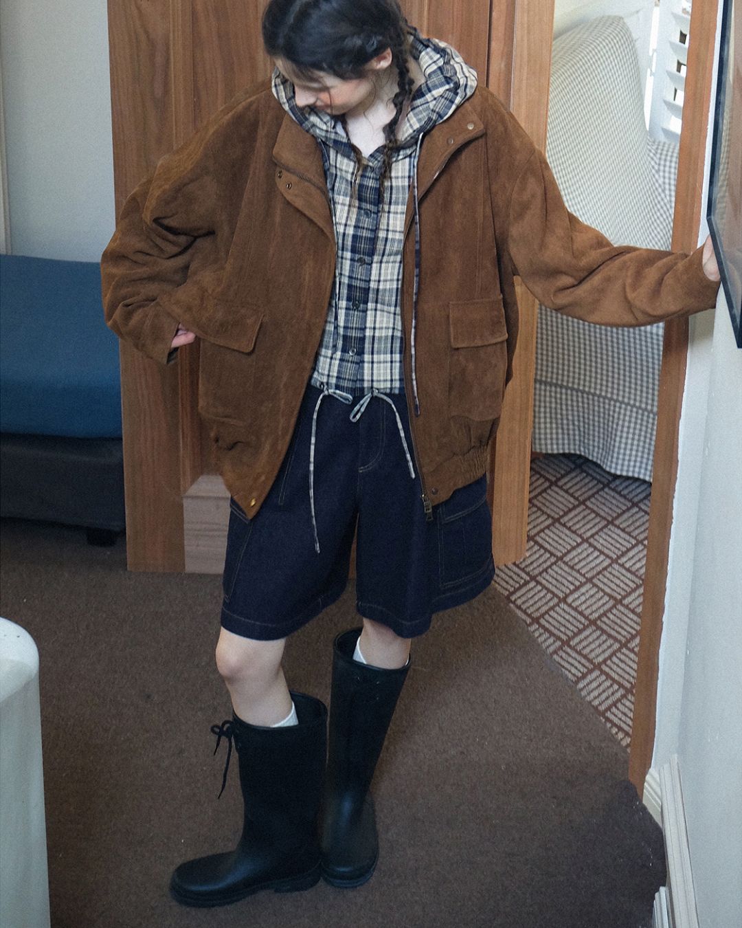 Hooded Drawstring Checked Shirt　LS018