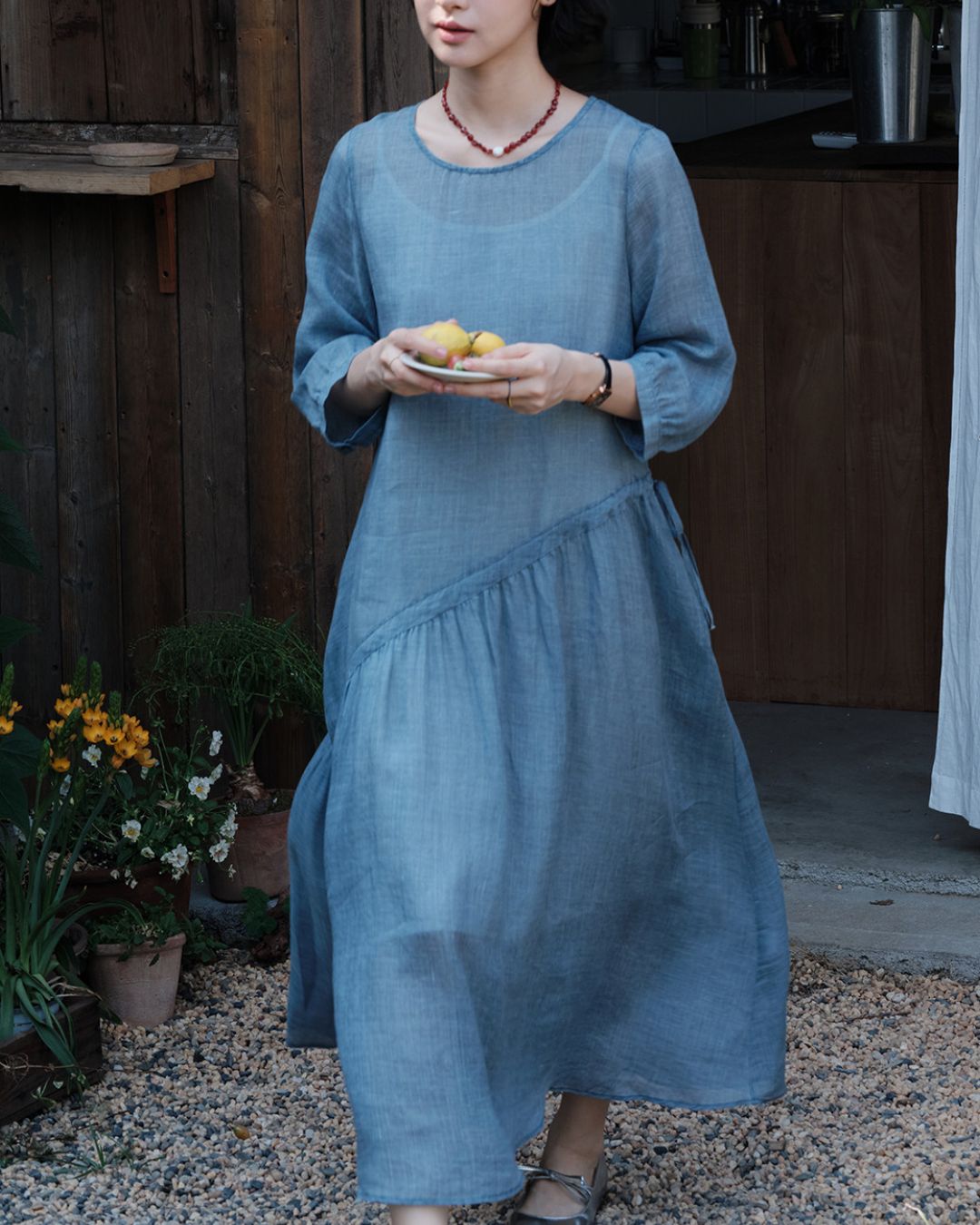 Ramie Drawstring A-Line Dress　OP005