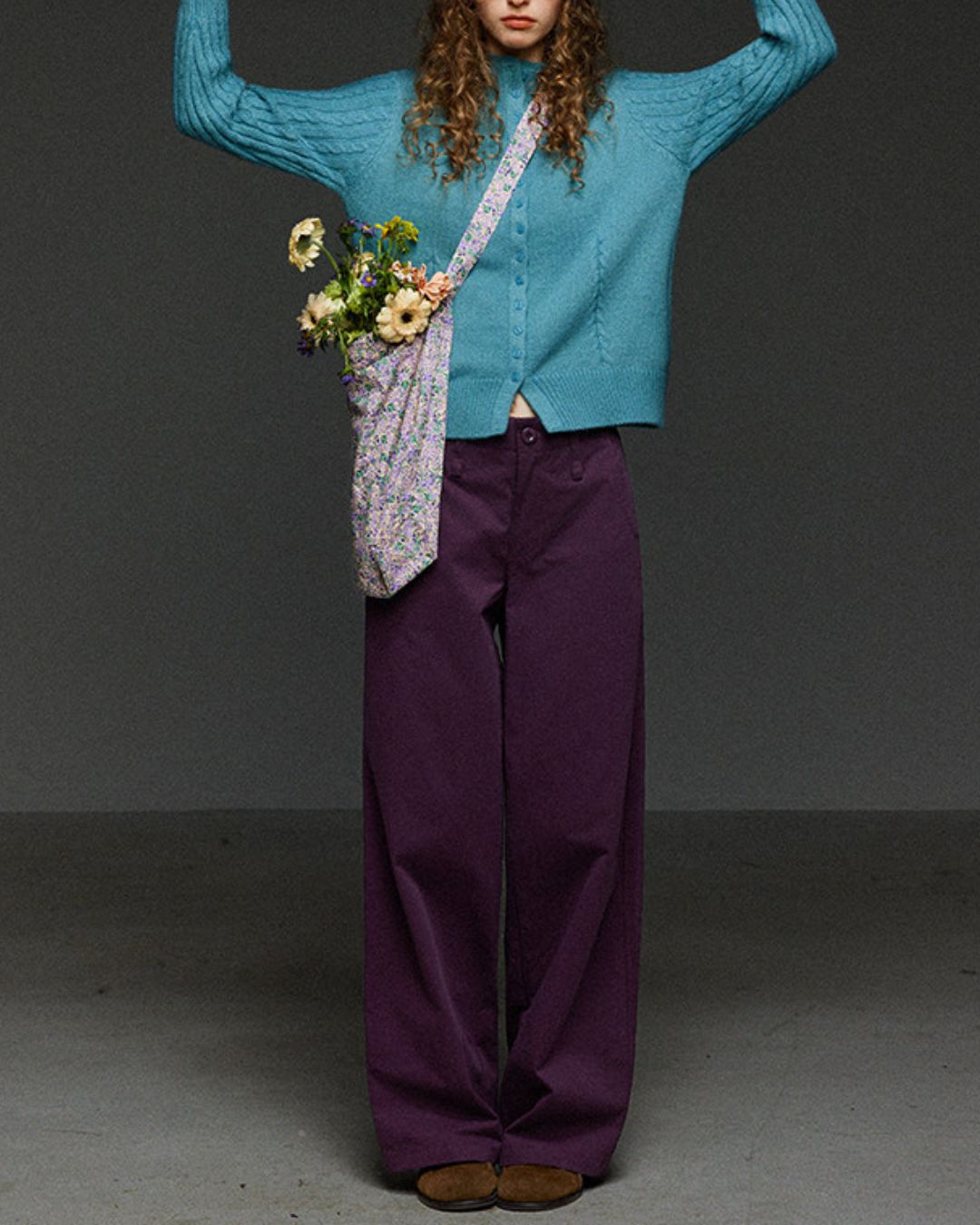 Cable Sleeve High Neck Knit Cardigan　KN104