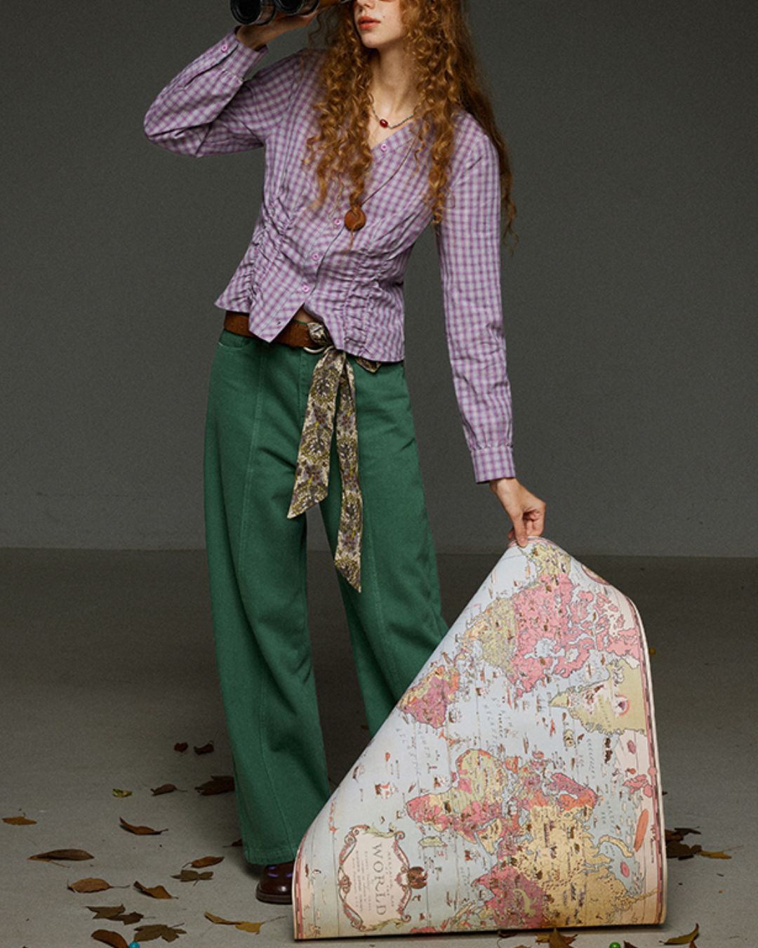 Check V-neck Shirred Shirt　LS028