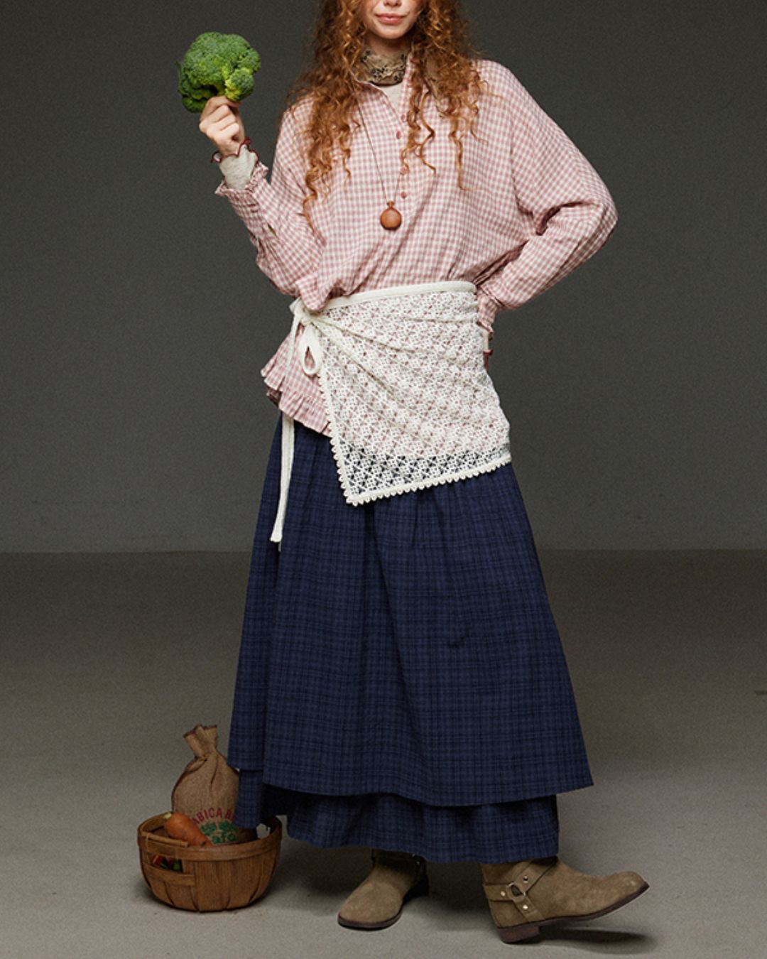 Pink Checked Ruffle Shirt　LS027