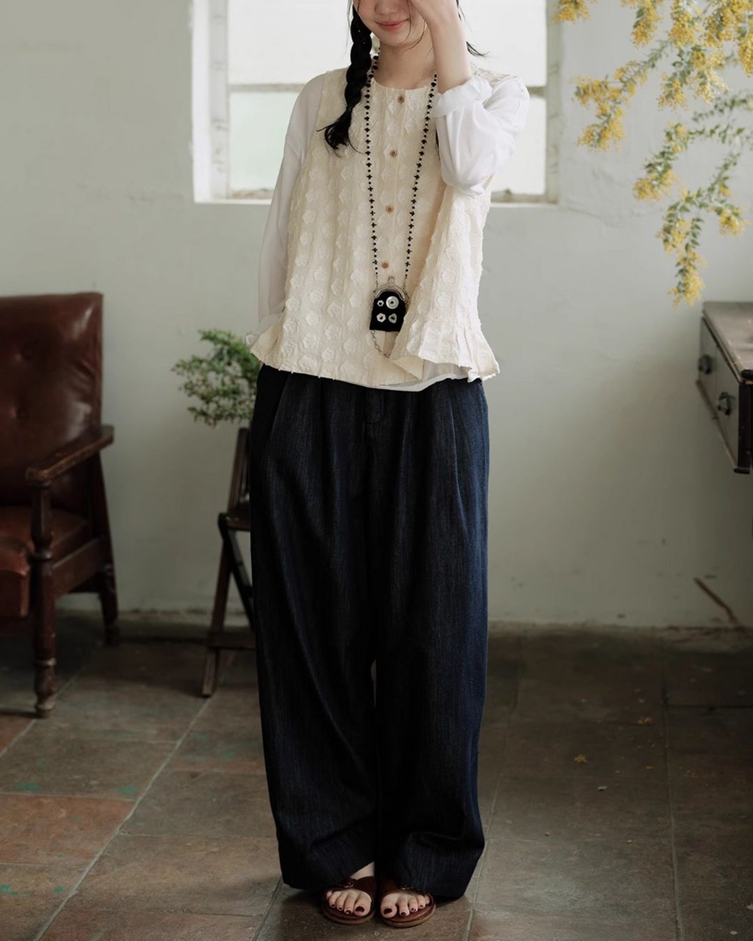Cotton Linen Jacquard Peplum Vest　VT017