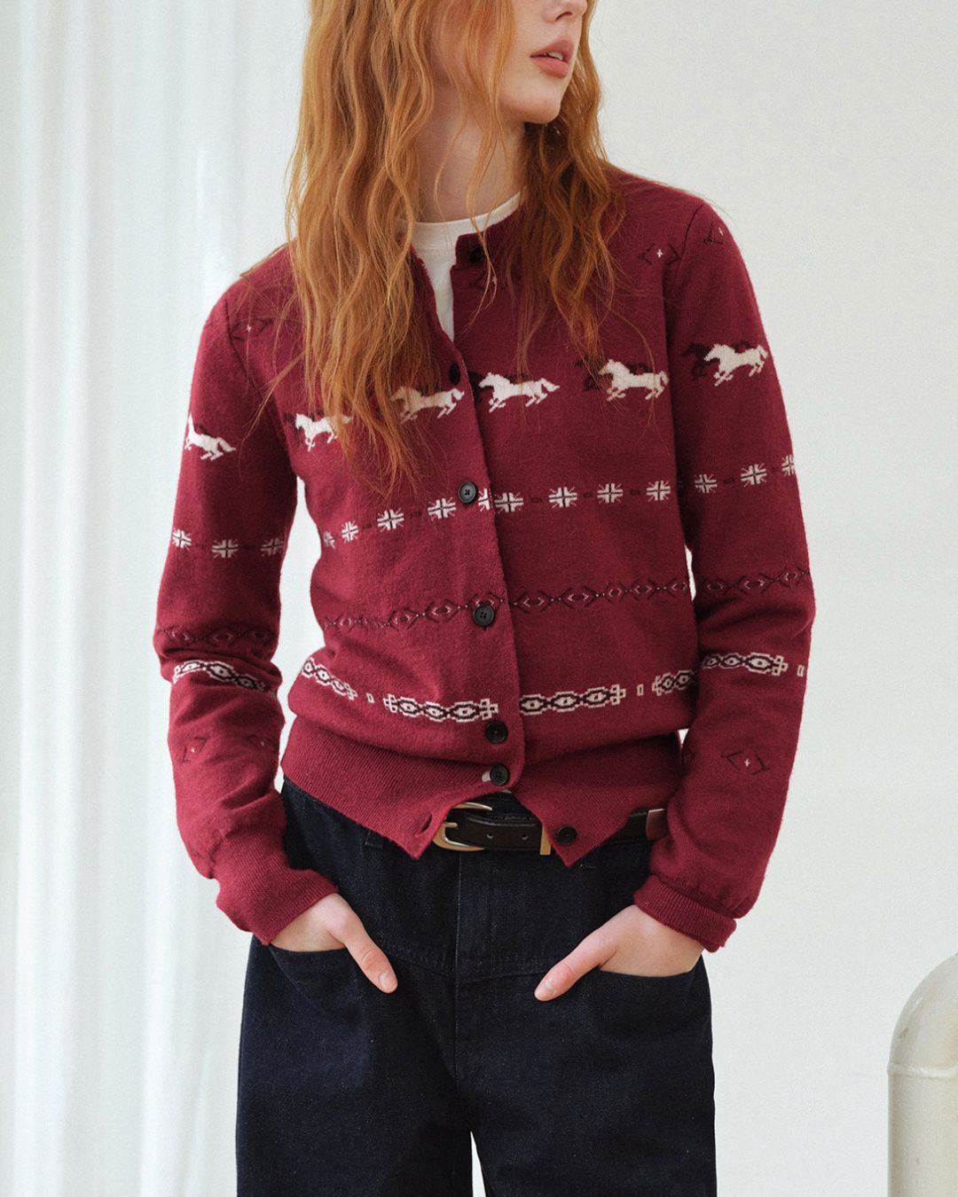 Pony Jacquard Crew Neck Knit Cardigan　KN097