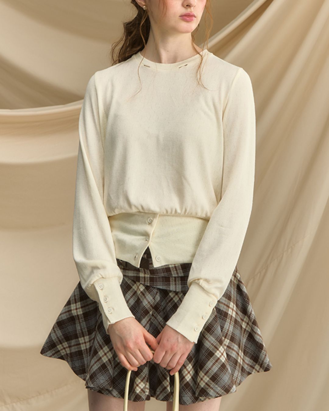 Checkered Scarf Buttoned Top　LT005