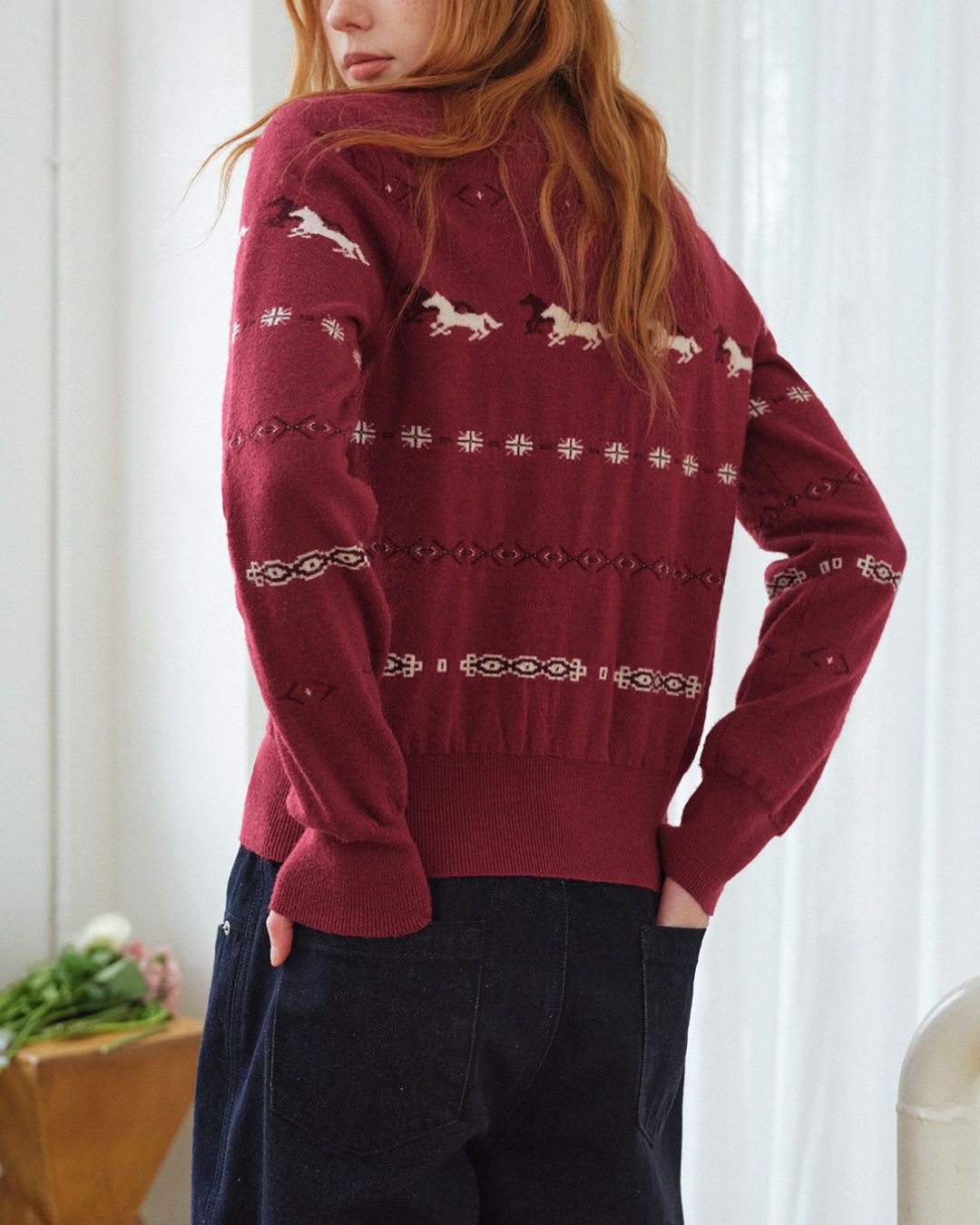Pony Jacquard Crew Neck Knit Cardigan　KN097