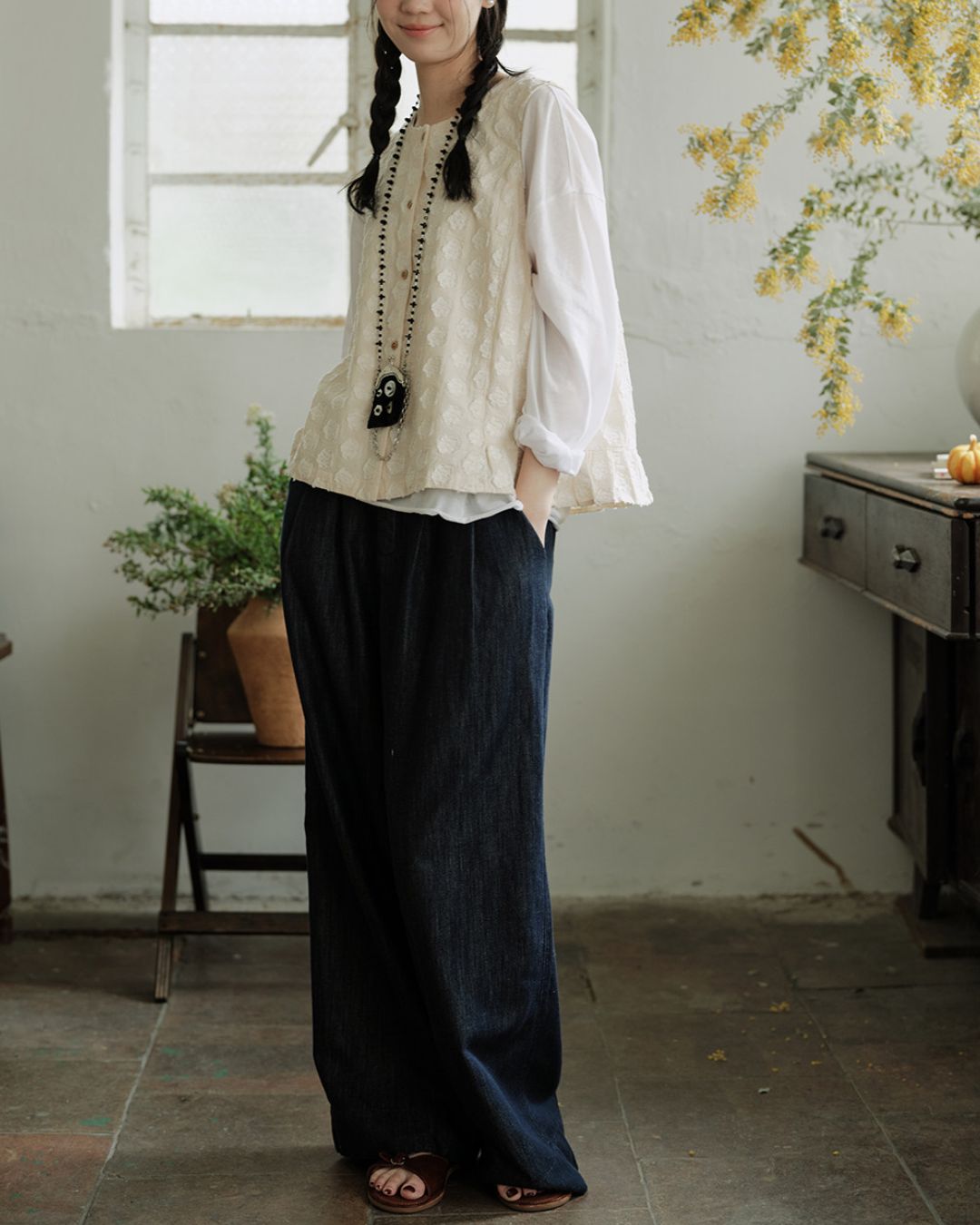 Cotton Linen Jacquard Peplum Vest　VT017