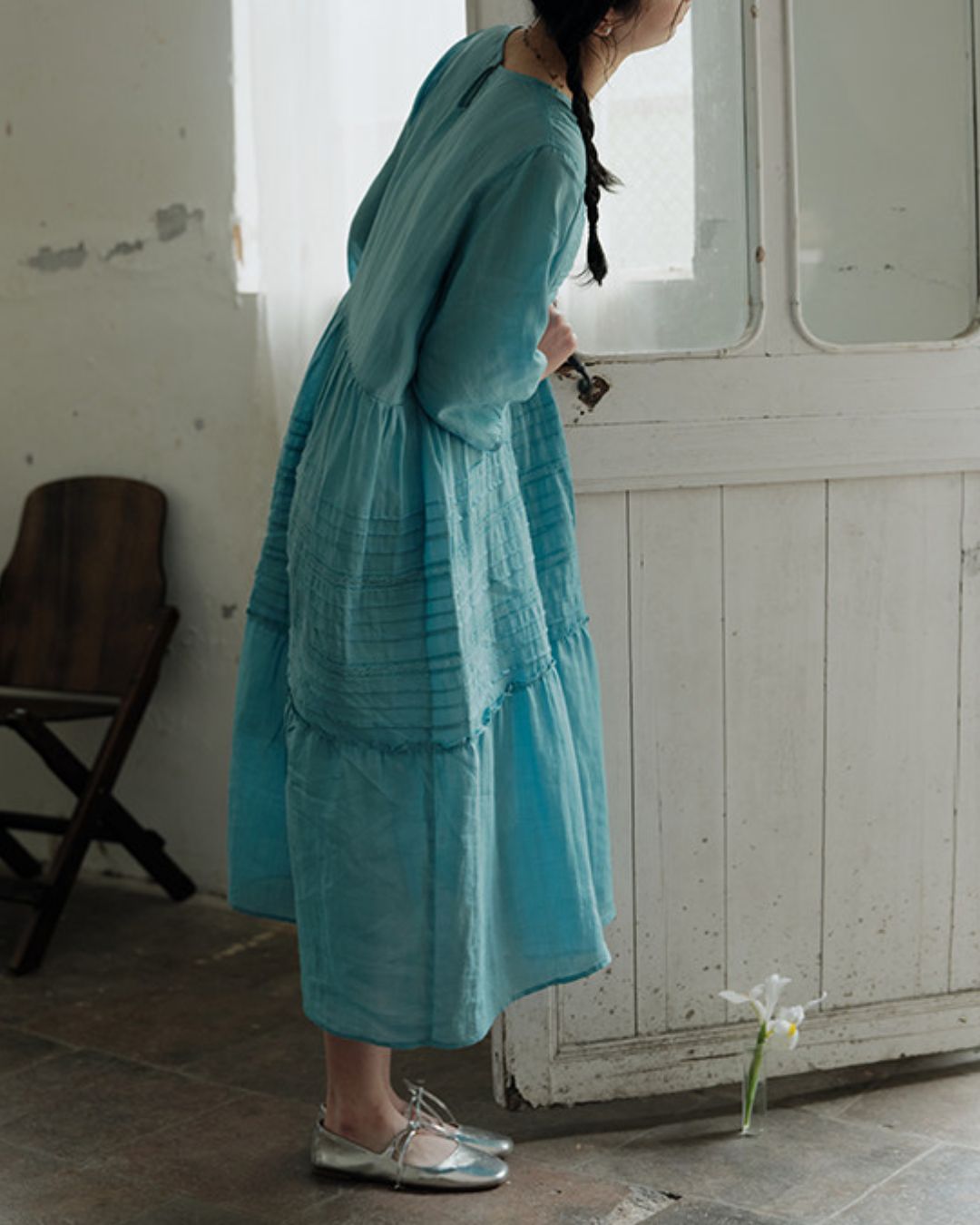 Round Neck 3/4 Sleeve Ramie Dress　OP004