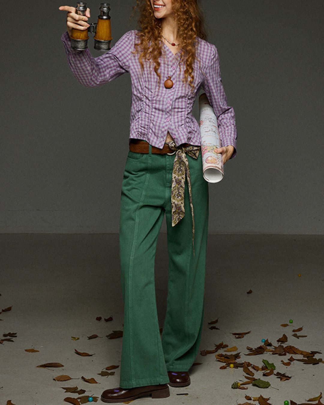 Check V-neck Shirred Shirt　LS028