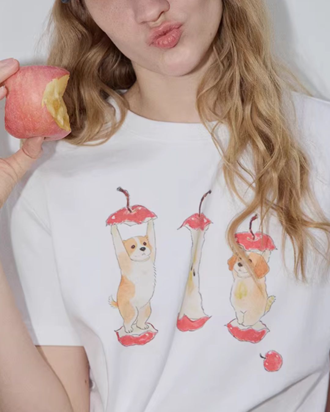 Puppy & Apple Print T-Shirt　ST006