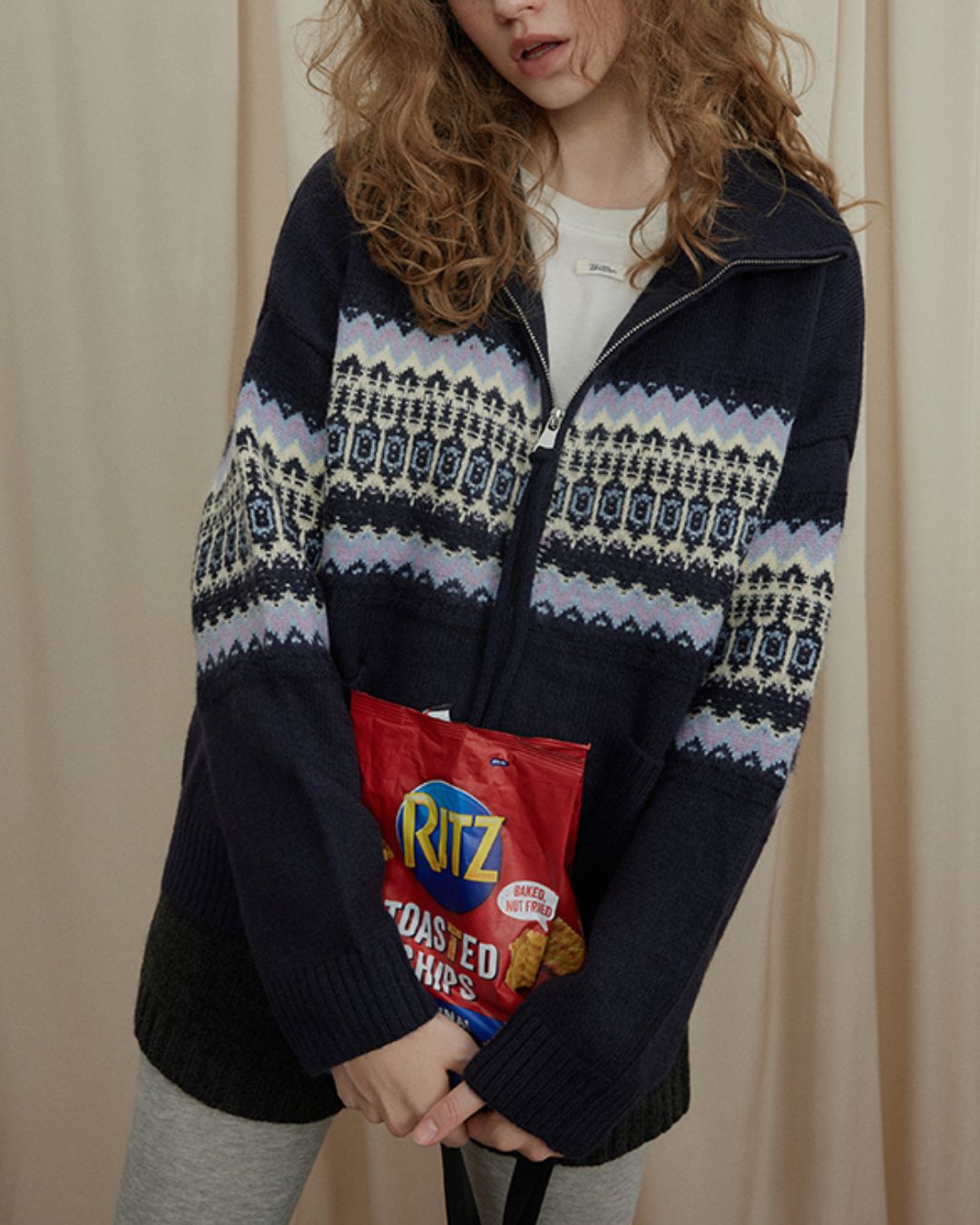 Stand-collar Fair Isle Knit Cardigan　KN049