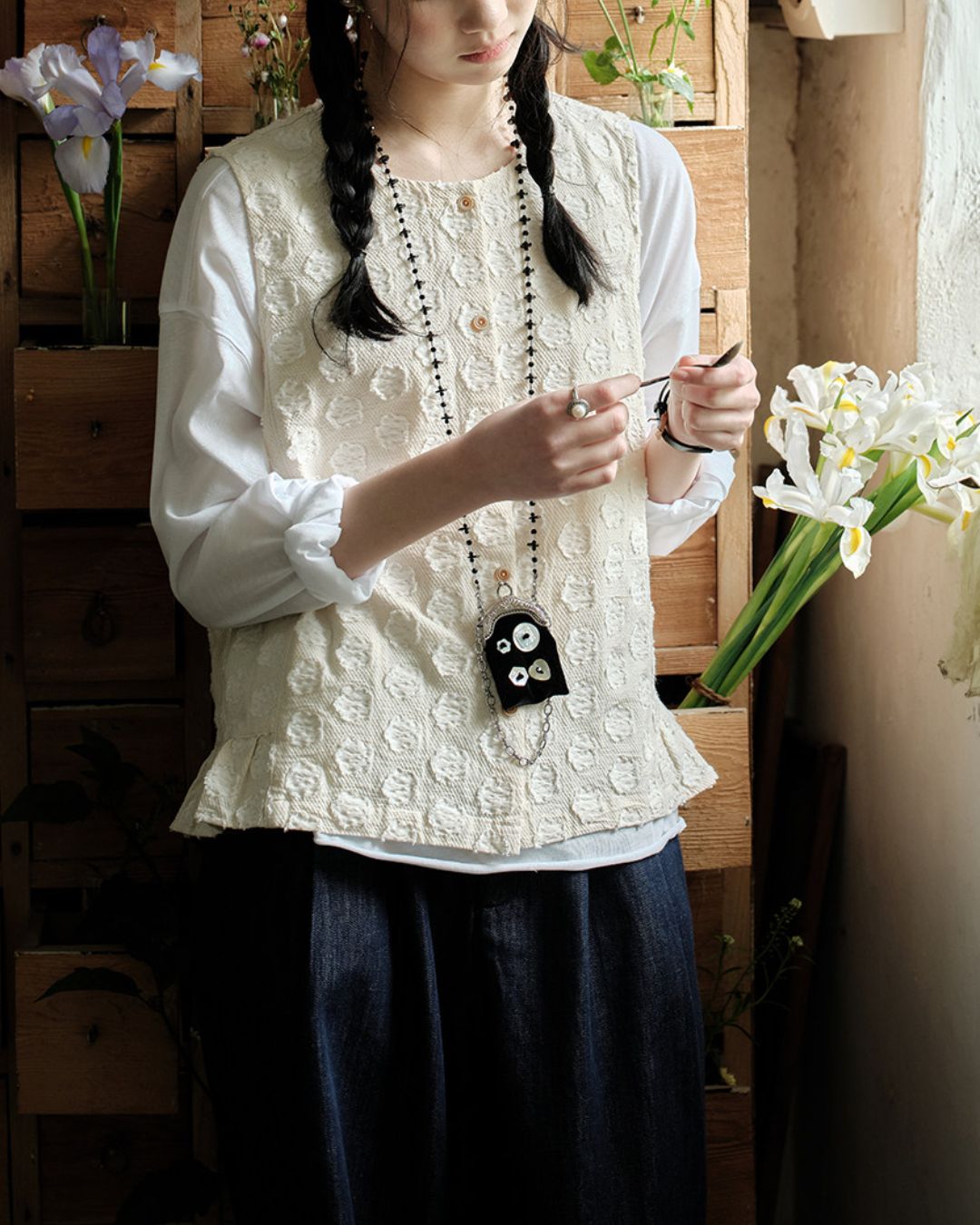 Cotton Linen Jacquard Peplum Vest　VT017