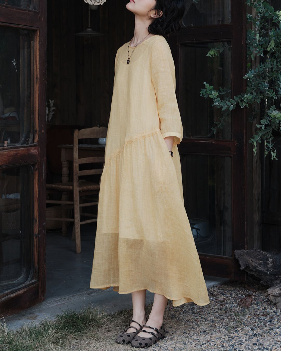Ramie Drawstring A-Line Dress　OP005