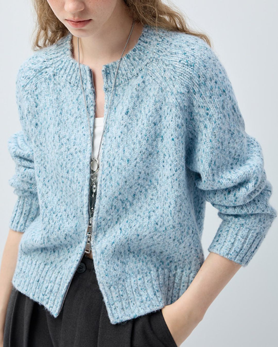 Double-zip Crew Neck Nep Knit Cardigan　KN100