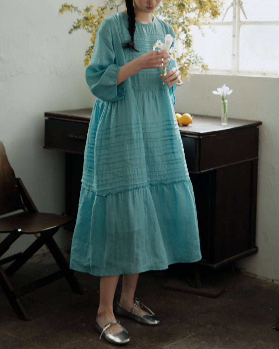 Round Neck 3/4 Sleeve Ramie Dress　OP004