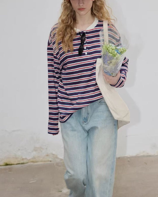 Relaxed Border Henley Neck T-shirt　LT032