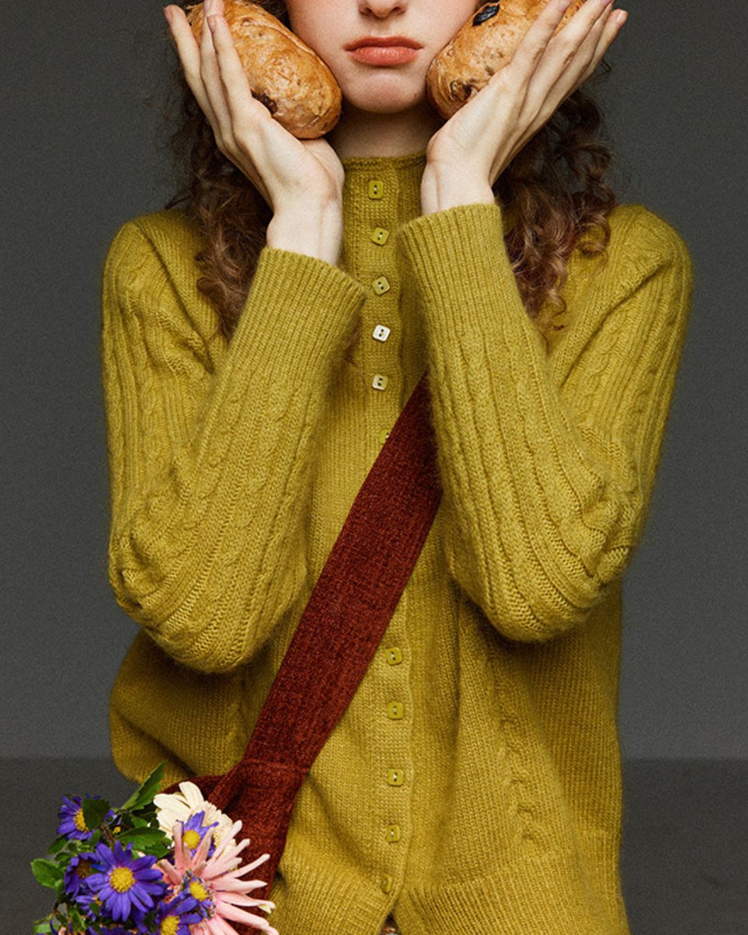 Cable Sleeve High Neck Knit Cardigan　KN104