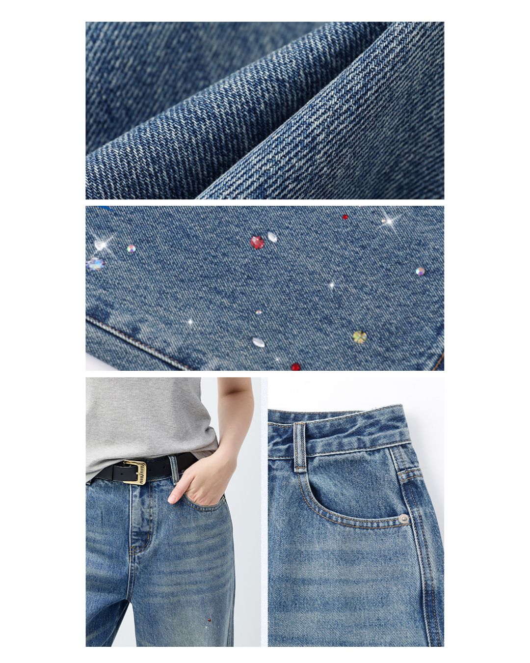 Rainbow Rhinestone Wash Denim Pants　DP014