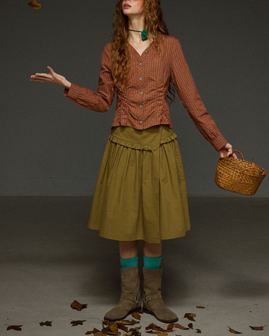 Check V-neck Shirred Shirt　LS028