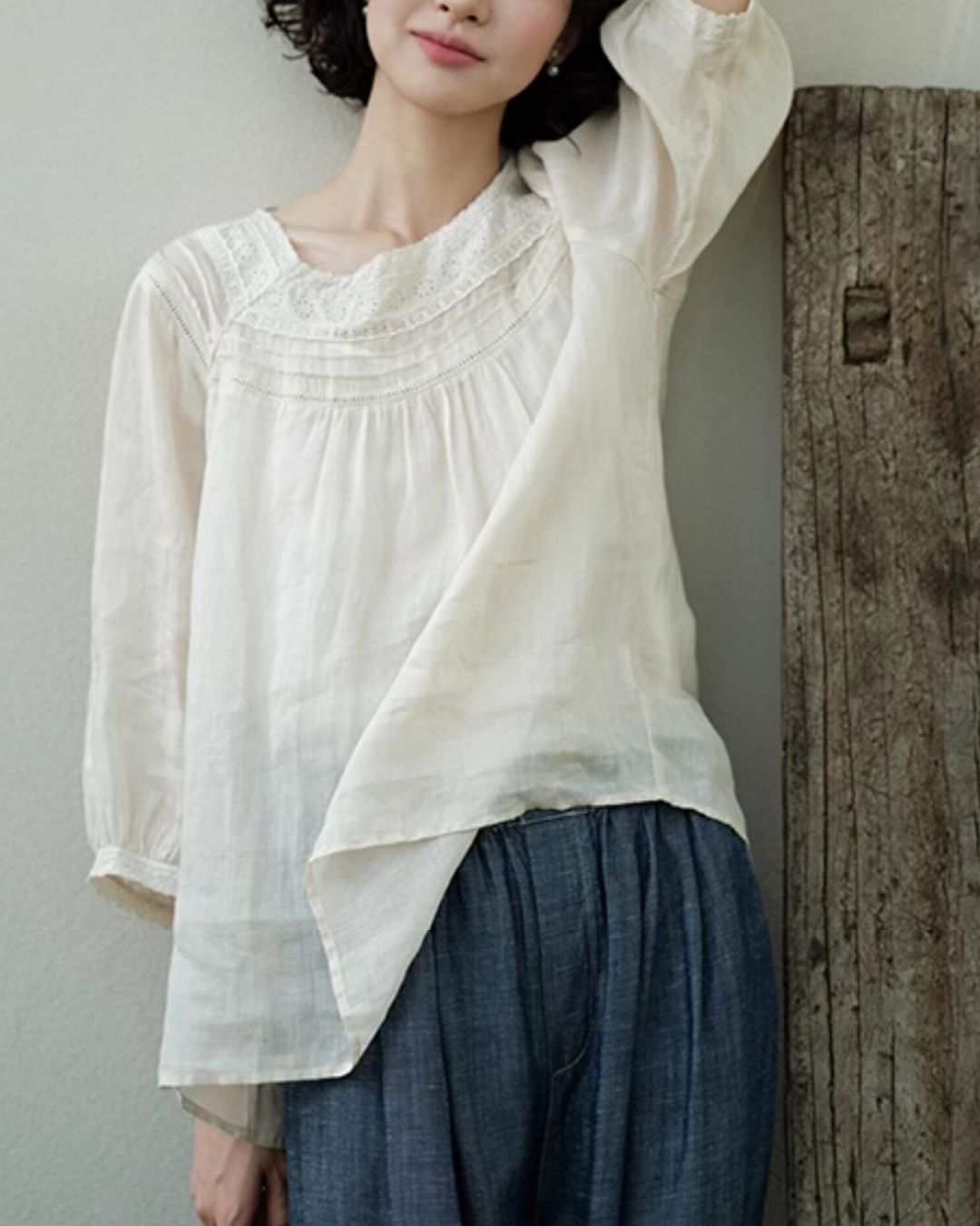 Lace Square Neck Ramie Shirt　LS062