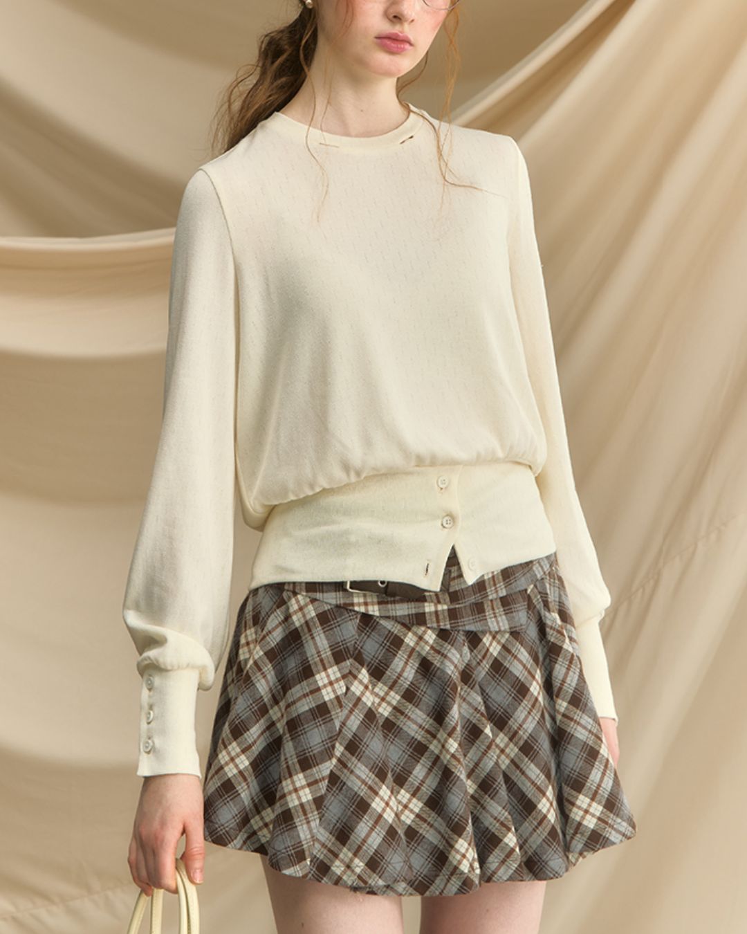 Checkered Scarf Buttoned Top　LT005