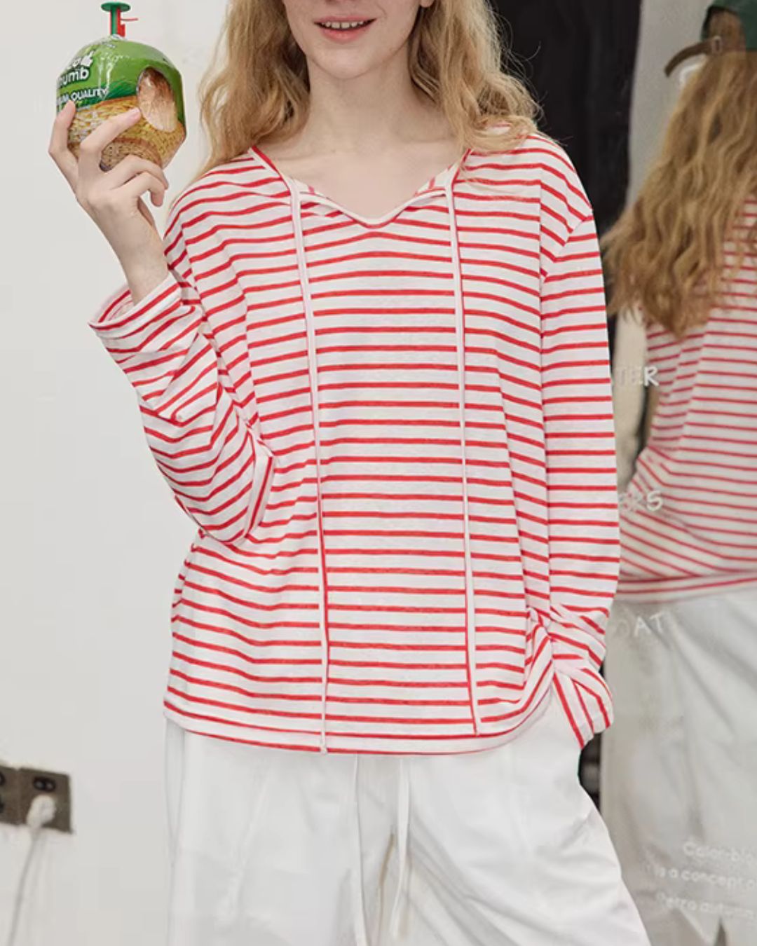 Drawstring V-neck Border T-shirt　LT027