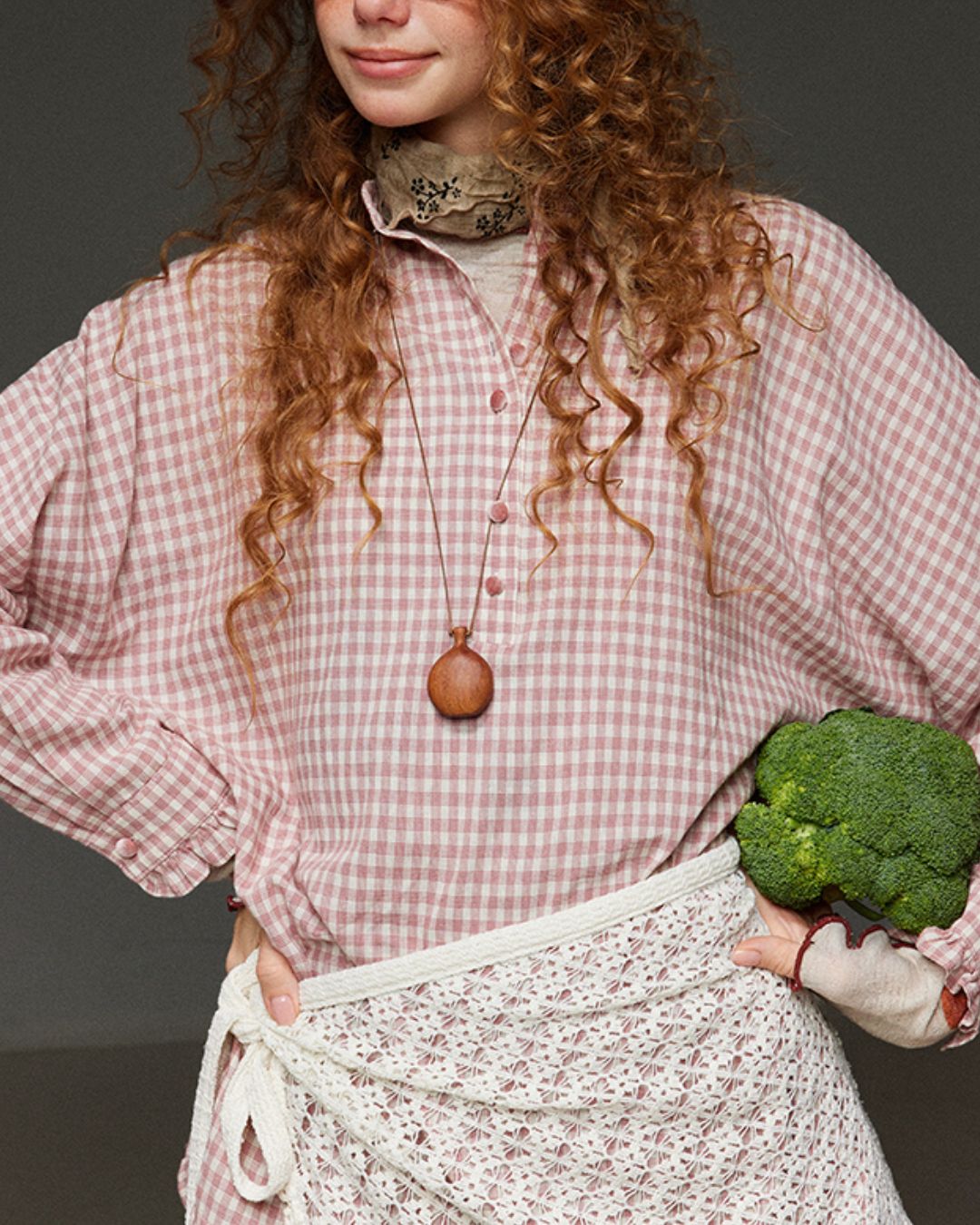 Pink Checked Ruffle Shirt　LS027