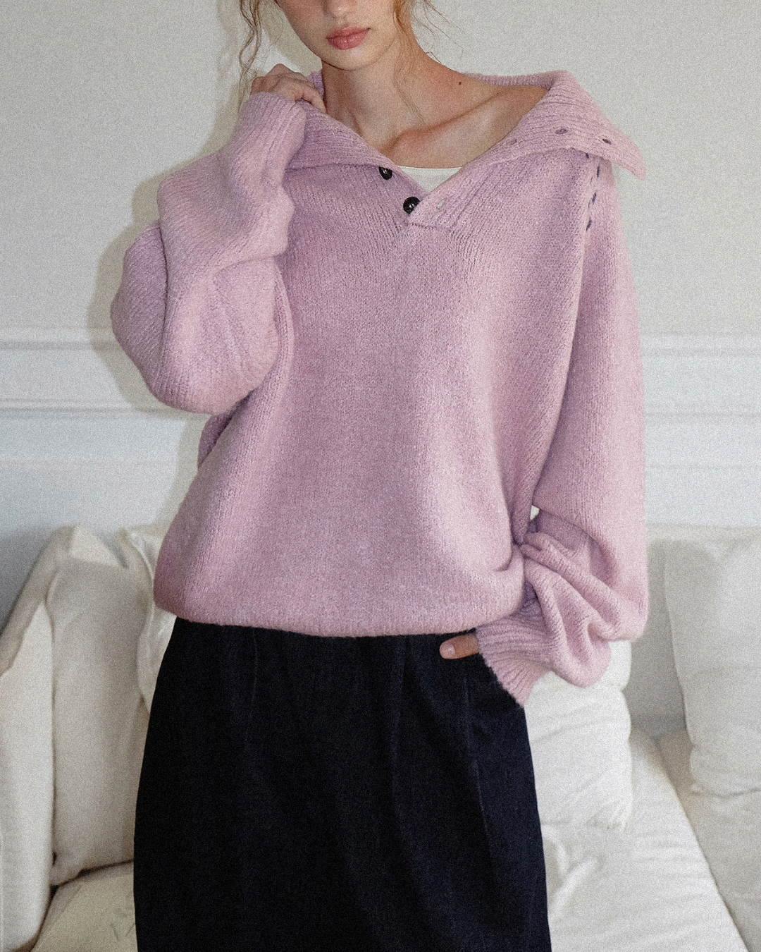 Contrast Stitch Half Open Collar Knit　KN085