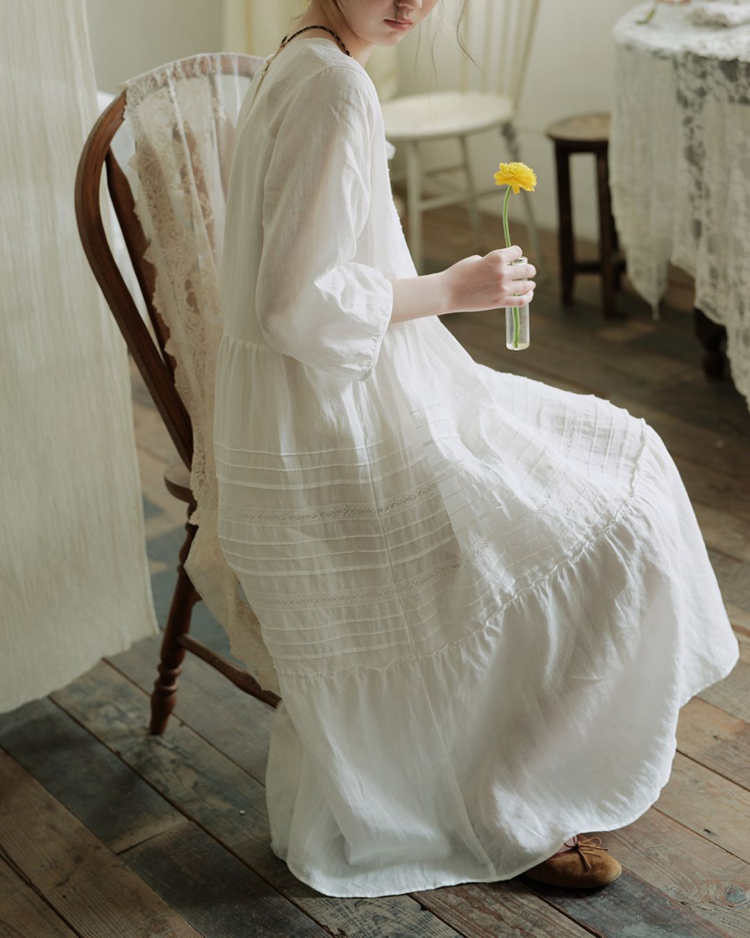 Round Neck 3/4 Sleeve Ramie Dress　OP004